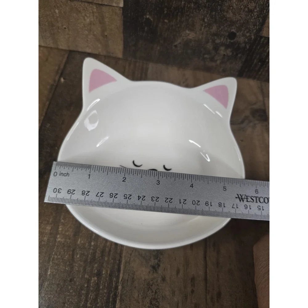 White Ceramic Cat Face Pet Bowl Pink Ears Whisker Friendly Trinket Dish Kawaii